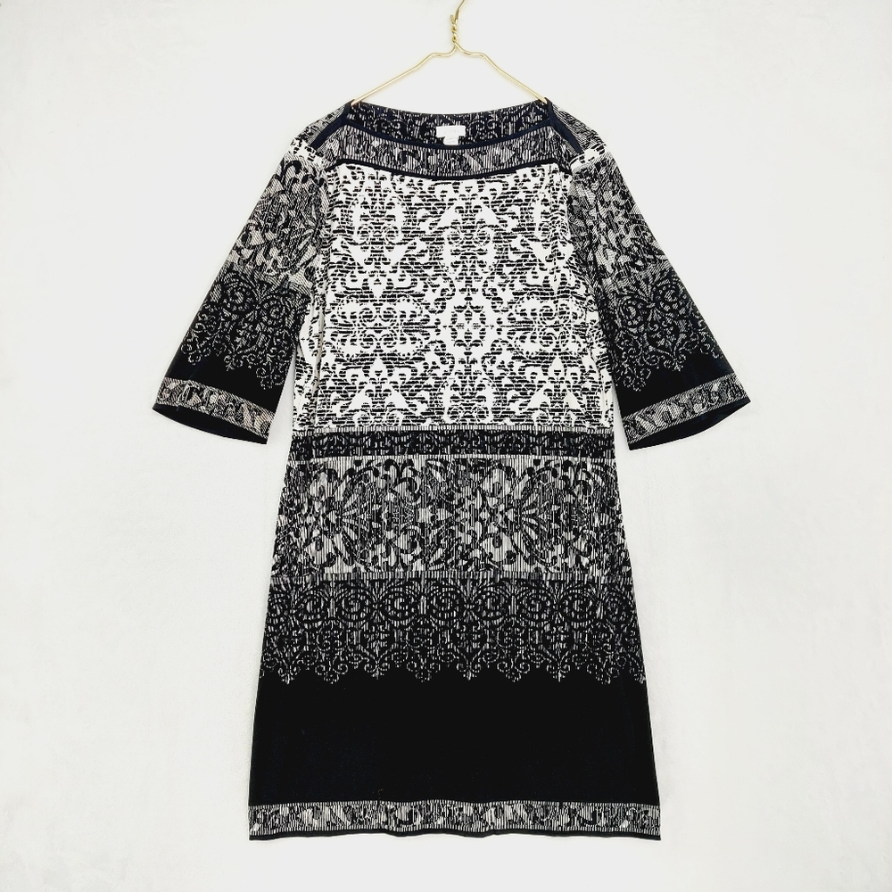 Chico's Black and White 3/4 Sleeve Jewel Neck Intricate Design Midi Dress P4195